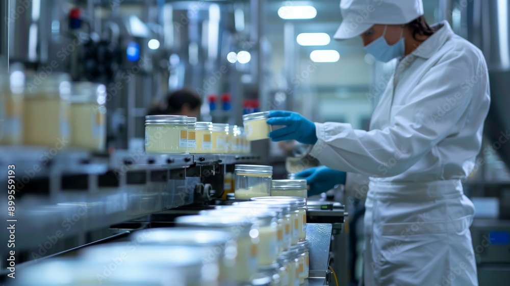 A factory worker loading raw ingredients into a machine for canning A factory worker loading raw ingredients into a machine for canning