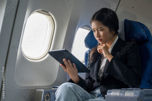 Businesswomen reading to checking business report about profit and financial of new startup project on tablet to analysis strategy while sitting near windows during flight business travel in airplane