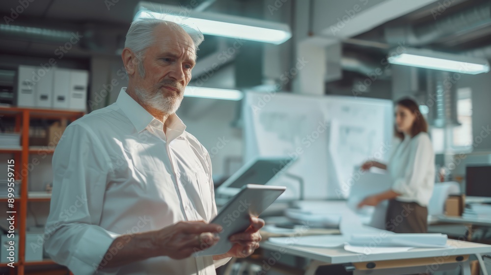 Senior engineer analyzing plans on tablet in industrial office. Focused elderly professional in white shirt Senior engineer analyzing plans on tablet in industrial office. Focused elderly professional in white shirt