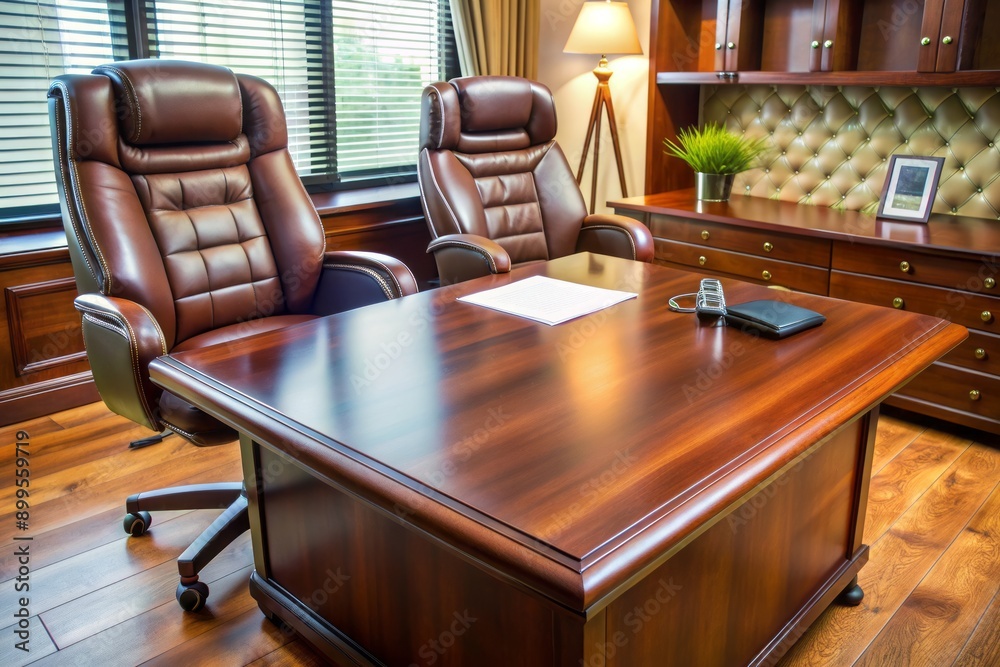 Modern office setting with a polished wooden desk, leather chair, and a few papers scattered, conveying a sense of professionalism and important business discussions. Modern office setting with a polished wooden desk, leather chair, and a few papers scattered, conveying a sense of professionalism and important business discussions.
