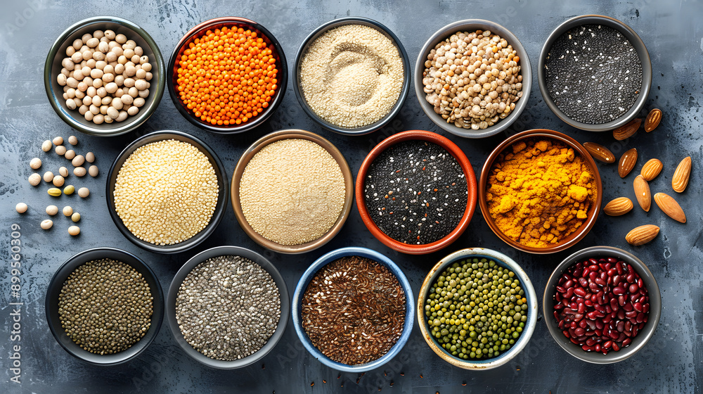 An assortment of spices and grains arranged in ceramic bowls on a grey surface, highlighting a rich variety of culinary ingredients. An assortment of spices and grains arranged in ceramic bowls on a grey surface, highlighting a rich variety of culinary ingredients.
