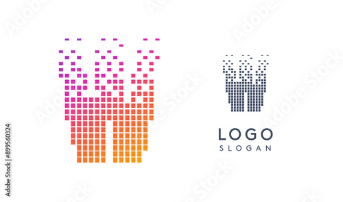 Pixelated Letter W transitioning into scattered pixels with gradient colors creating modern, digital effect like equalizer. Abstract logo for tech software and digital media. Vector illustration.