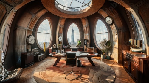 stylish office set within a converted clock tower, featuring unique architectural elements, a circular layout, and a view of the city skyline