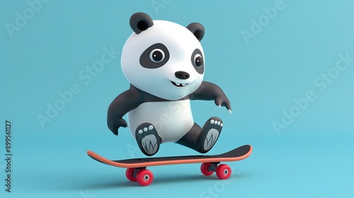 Cute Panda Play Skateboard Vector Icon Illustration 3D randering.  photo