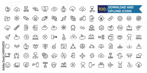 Download and upload icon collection. Outline icon collection. Editable vector stroke.