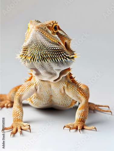 Bearded Dragon Basking on Plain White Background in Close Up Portrait