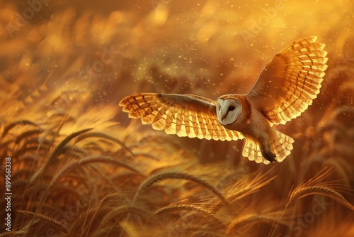 A majestic barn owl flying gracefully over a golden wheat field at dusk. 