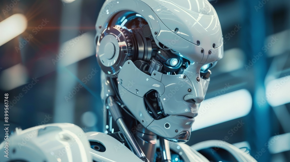 Fototapeta premium Close-up of a humanoid robot with glowing blue eyes. Illustration of advanced AI and robotic technology.