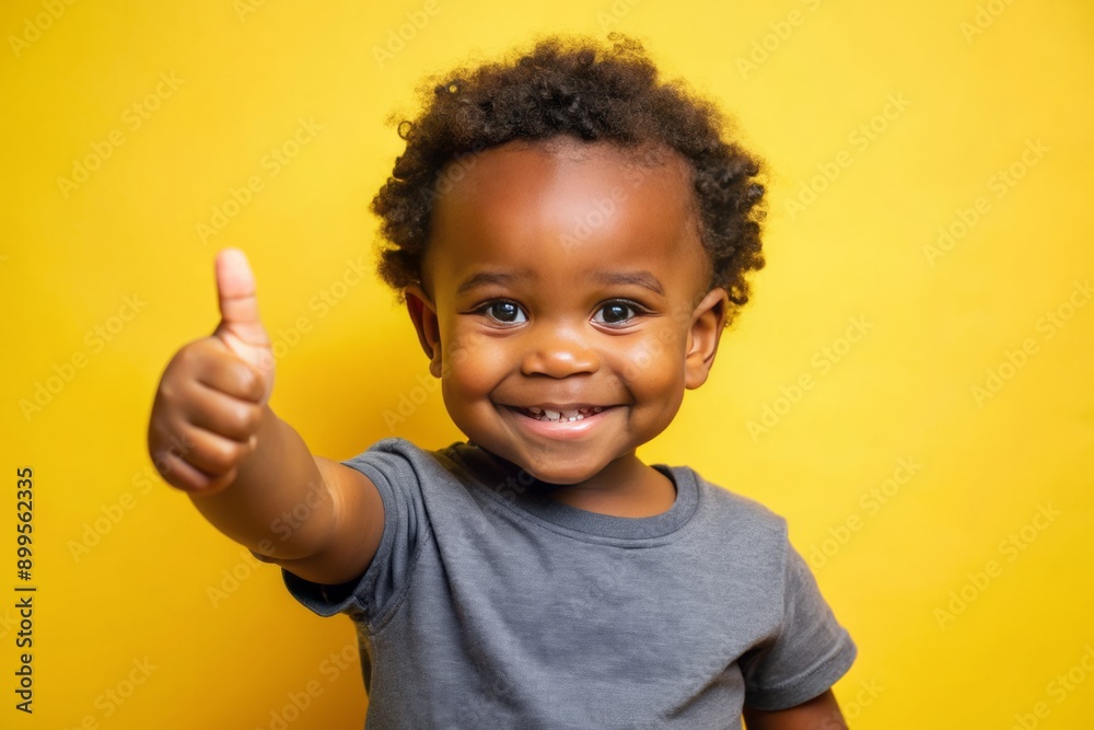 A cute black toddler showing a thumbs up on yellow background A cute black toddler showing a thumbs up on yellow background