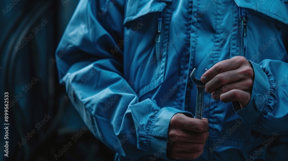 Mechanic man in blue uniform holding wrench Mechanic man in blue uniform holding wrench