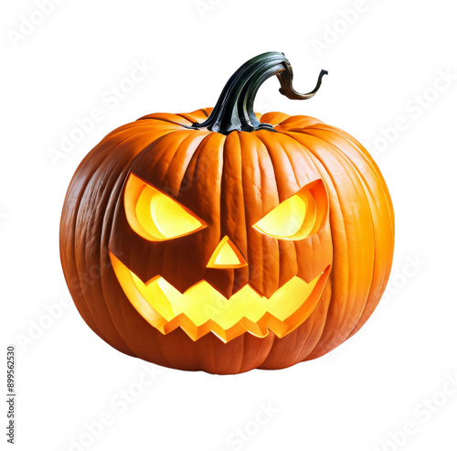 Spooky Halloween pumpkin with evil face isolated on a transparent background, Jack O Lantern 