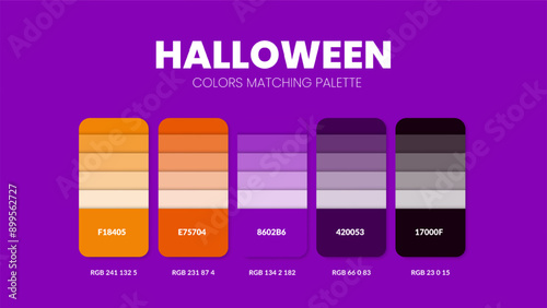 Color palette guide in Halloween colour theme collections. Color inspiration or chart with codes template. Color combination RGB. Colors swatches for graphic design, art, fashion, web or painting. Vec