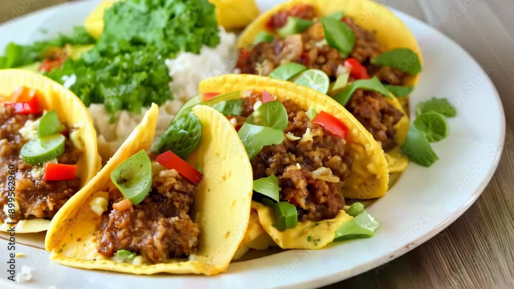 Colorful array of tacos with fresh ingredients served in a vibrant setting at dinner time Colorful array of tacos with fresh ingredients served in a vibrant setting at dinner time