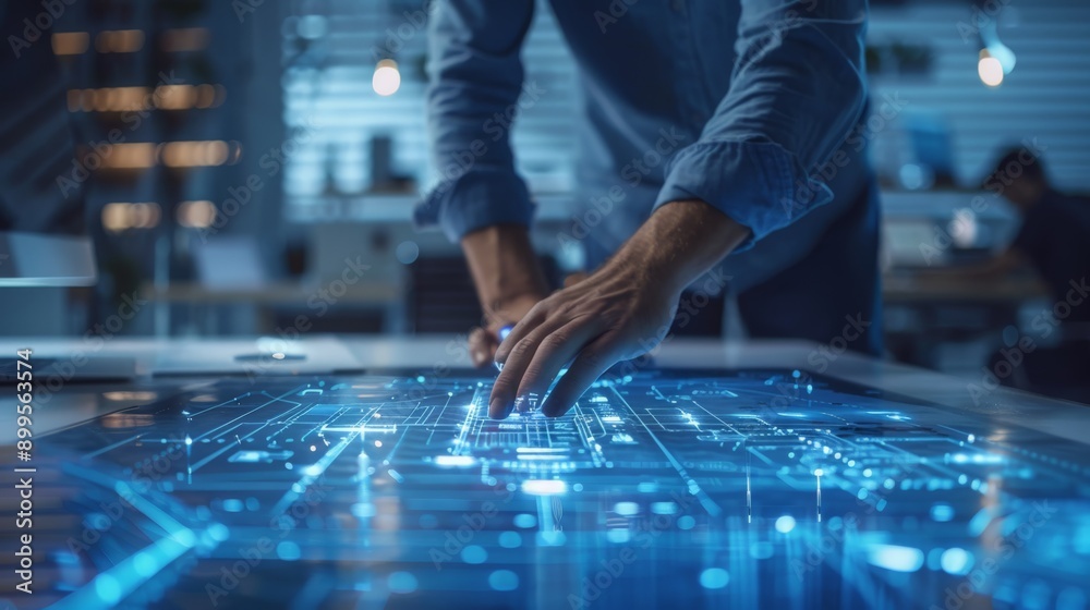 Engineer using advanced holographic interface in a modern office. Technology and innovation in engineering design. Engineer using advanced holographic interface in a modern office. Technology and innovation in engineering design.