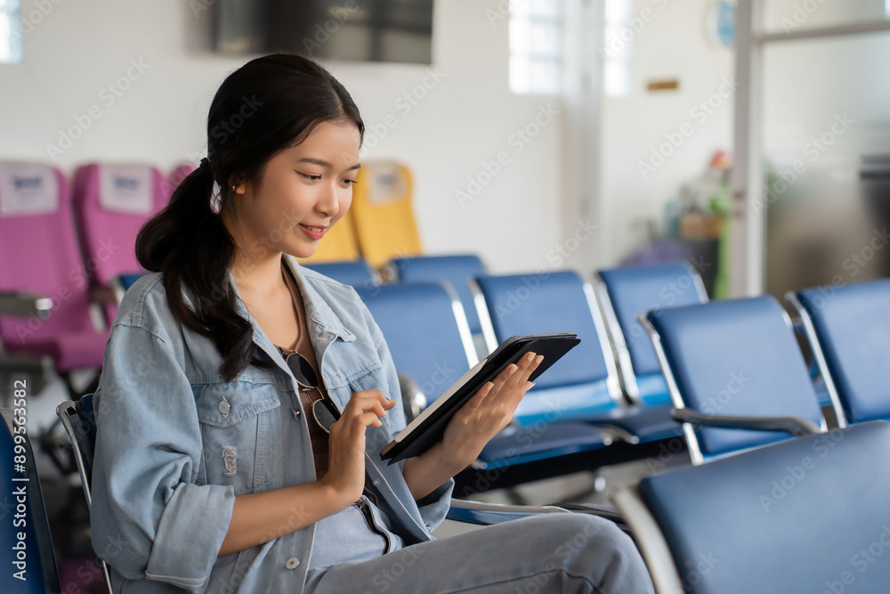 Asian traveler woman use tablet to surfing social media and typing to chat message while sitting on bench in terminal airport waiting to travelling vacation lifestyle by business travel class flight Asian traveler woman use tablet to surfing social media and typing to chat message while sitting on bench in terminal airport waiting to travelling vacation lifestyle by business travel class flight