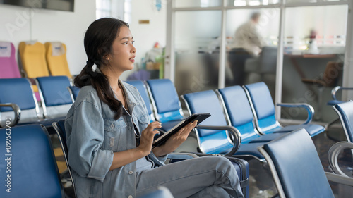 Asian traveler woman use tablet to surfing social media and watching entertainment while sitting on bench in terminal airport waiting to travelling vacation lifestyle by business travel class flight