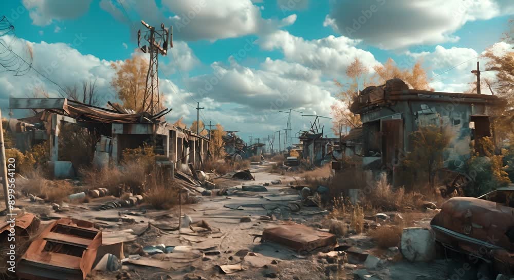 A desolate, abandoned town with a few buildings and a car A desolate, abandoned town with a few buildings and a car