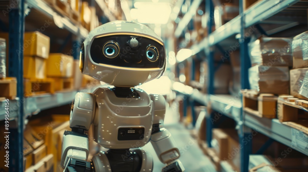 Cute robot in a warehouse environment. Representing the intersection of robotics and everyday logistics. Cute robot in a warehouse environment. Representing the intersection of robotics and everyday logistics.