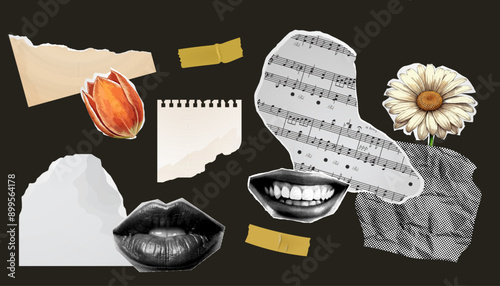 Set of torn paper, collage of notebook sheets, old newspaper. butterfly and smile stamp, vintage scrapbooking. Paper cut out elements
