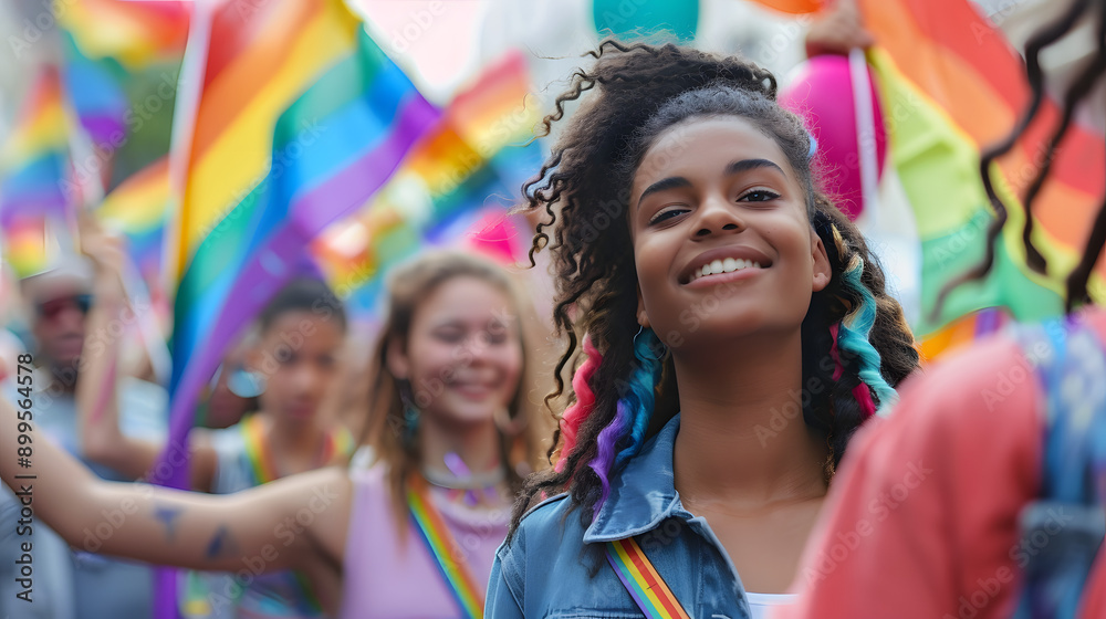A joyful woman with curly hair and rainbow accessories, smiling and celebrating at a pride parade, surrounded by colorful rainbow flags and happy participants. A joyful woman with curly hair and rainbow accessories, smiling and celebrating at a pride parade, surrounded by colorful rainbow flags and happy participants.