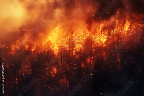 A fierce wildfire rages through the forest, flames engulfing the wilderness in a dramatic display of nature's power photo