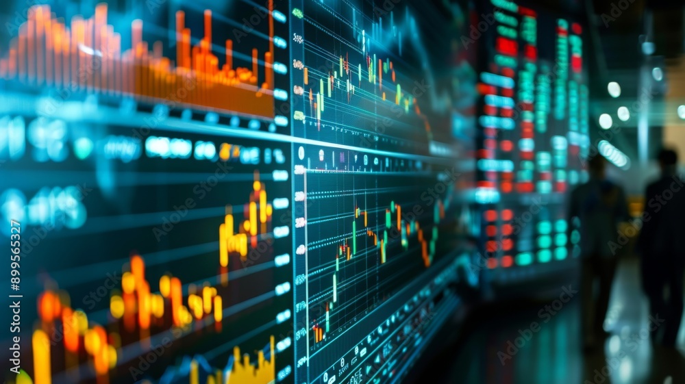 Dynamic Stock Market Display with Financial Data Charts and Graphs in a Modern Trading Room Dynamic Stock Market Display with Financial Data Charts and Graphs in a Modern Trading Room