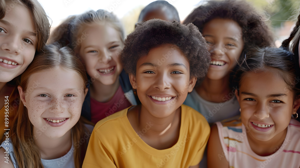 A group of happy and diverse children smiling and looking at the camera, showcasing their joy and friendship in an outdoor setting. A group of happy and diverse children smiling and looking at the camera, showcasing their joy and friendship in an outdoor setting.