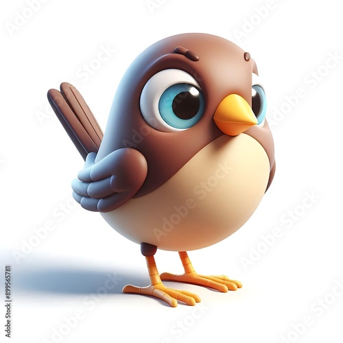 Bird 3D Cartoon Isolated on White: Un oiseau en 3D avec un style de dessin animé, isolé sur un fond blanc.