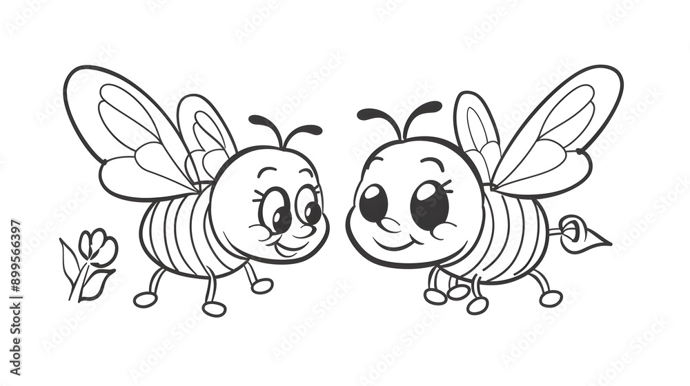 Charming black and white illustration of two friendly cartoon bees in conversation, ideal for children's coloring books and educational materials.
