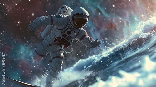 Astronaut surfing 3D randering.  photo