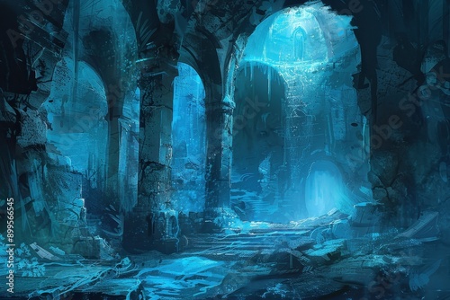 Ancient ruins of a forgotten underwater city illuminated by a mysterious blue light photo