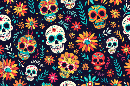 A colorful seamless pattern of skulls and flowers on black background, Halloween and day of death concept