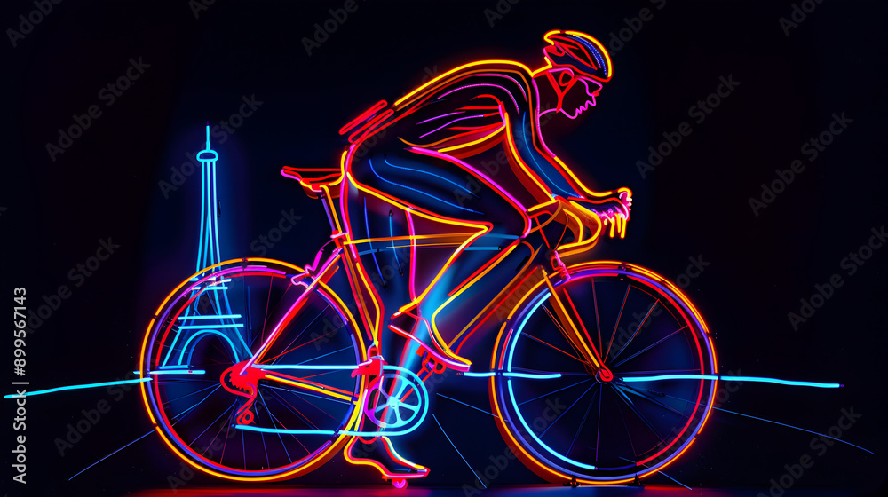 Fototapeta premium Neon Cyclist: Fluorescent lines forming a cyclist with the Eiffel Tower in the background on a black background.