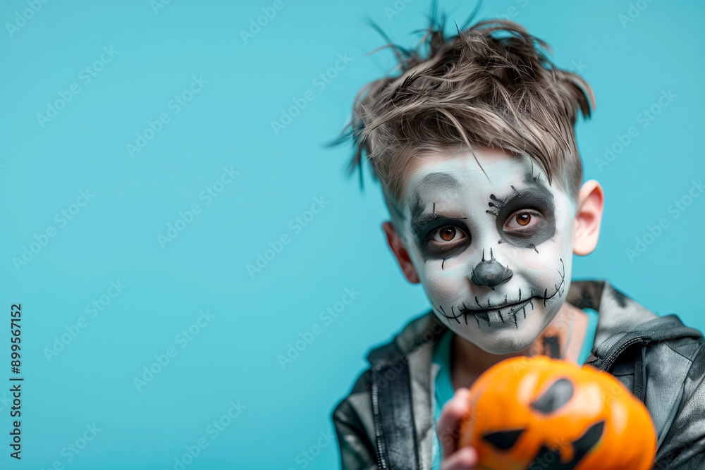 Portrait of Smiling Boy with Halloween make up holding a pumpkin on blue background Portrait of Smiling Boy with Halloween make up holding a pumpkin on blue background