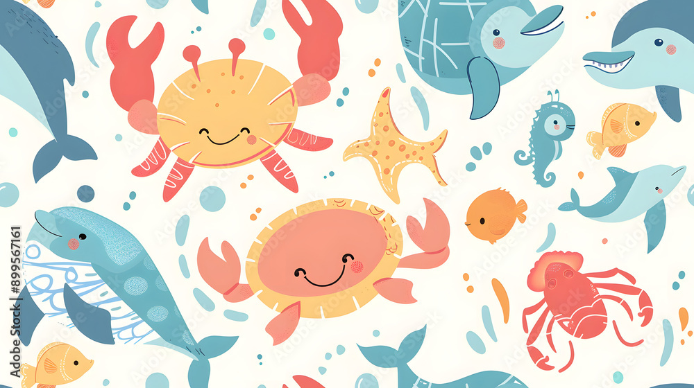 A playful pattern featuring various colorful cartoon sea creatures, including dolphins, crabs, turtles, and starfish. Ideal for children's designs, fabrics, and educational materials. A playful pattern featuring various colorful cartoon sea creatures, including dolphins, crabs, turtles, and starfish. Ideal for children's designs, fabrics, and educational materials.