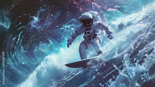 Astronaut surfing 3D randering.  photo