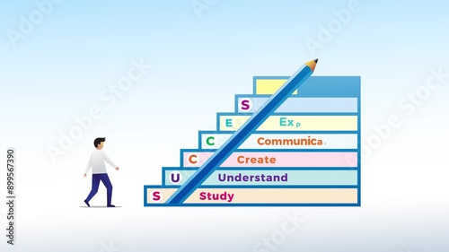 people starting to climb the stairs towards a sack of money with the acronym success at each step