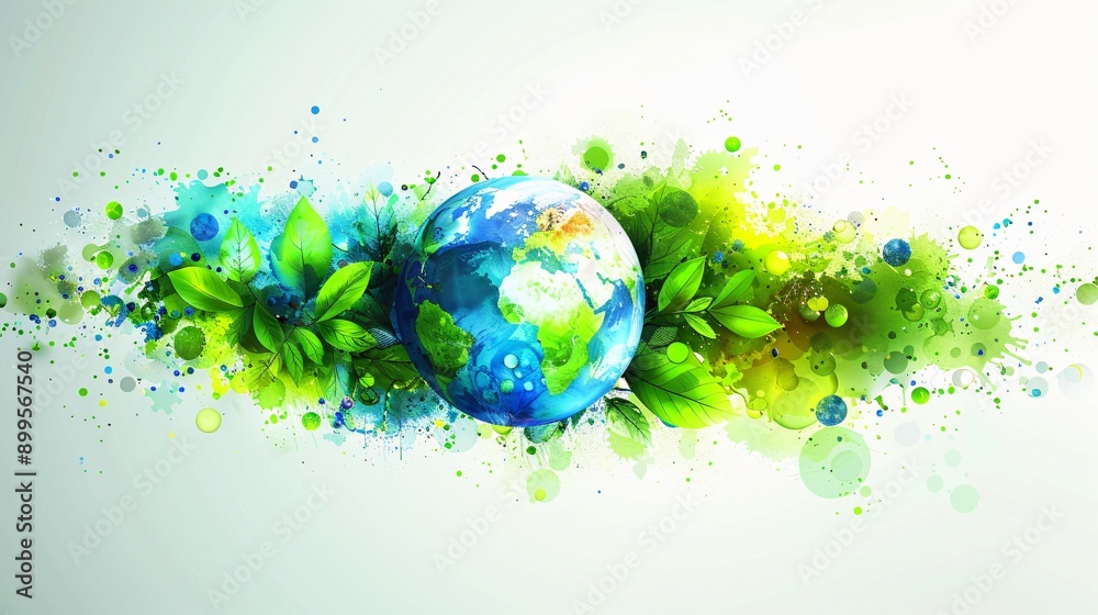 Earth Globe Surrounded by Green Leaves and Watercolors Earth Globe Surrounded by Green Leaves and Watercolors