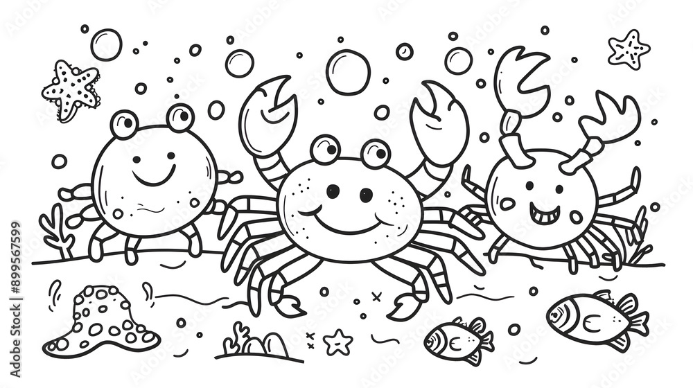Fototapeta premium Three cheerful cartoon crabs with smiling faces surrounded by fish, starfish, and underwater plants, depicted in a black-and-white line drawing style. Perfect for children's coloring books and educati