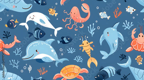 A seamless pattern featuring colorful cartoon sea animals, including dolphins, crabs, turtles, and fish, set against a blue background. Ideal for children's fabrics, wallpapers, and educational materi