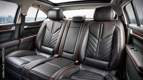 Luxurious black leather rear seats with elegant stitching and sleek design elements in a modern car's interior, showcasing comfort and sophistication. © DigitalArt Max
