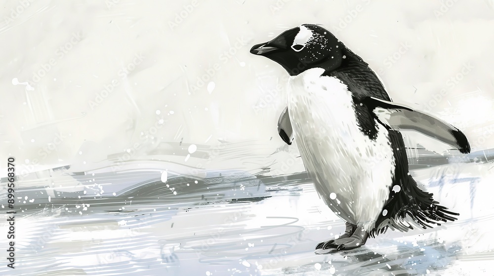 Obraz premium A detailed sketch of a curious penguin waddling along the icy shore, its black and white plumage contrasting with the white snow.