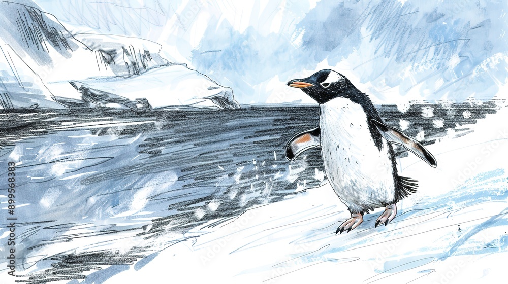 Obraz premium A detailed sketch of a curious penguin waddling along the icy shore, its black and white plumage contrasting with the white snow.