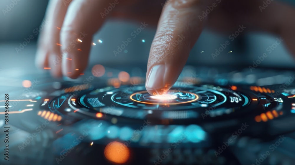 Person’s finger hovering above a large, glowing button with a countdown timer, creating urgency and anticipation.