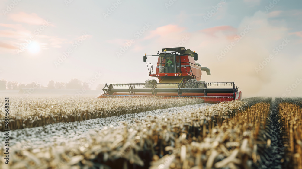 Fototapeta premium A powerful red combine harvester working through a golden wheat field at sunset, capturing the essence of agricultural productivity.