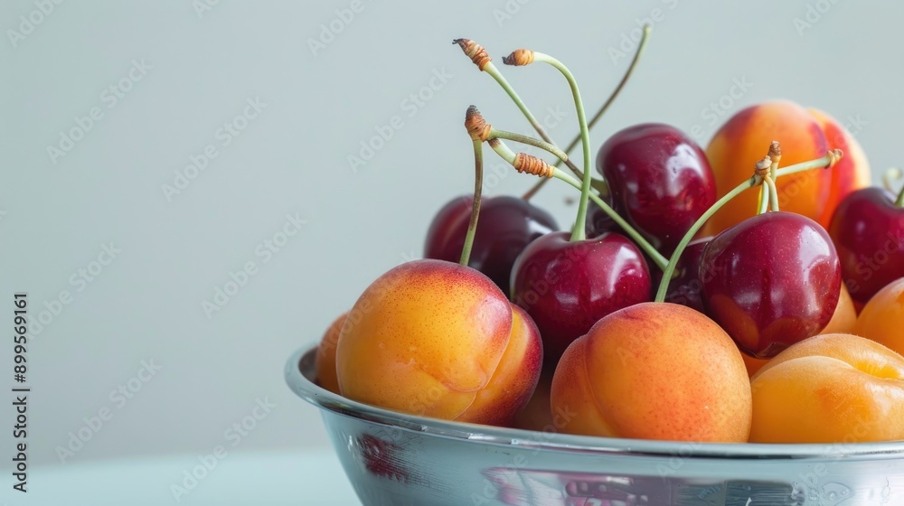 Apricots and cherries in a metal bowl against white backdrop Apricots and cherries in a metal bowl against white backdrop