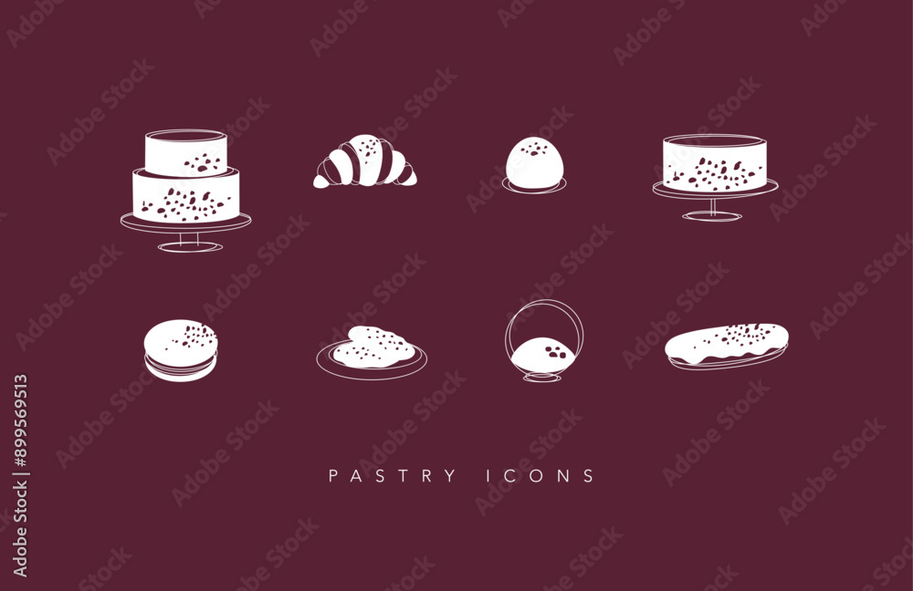Dessert icons cake, croissant, candy, cookie, dessert, eclair, macarons drawing on red background