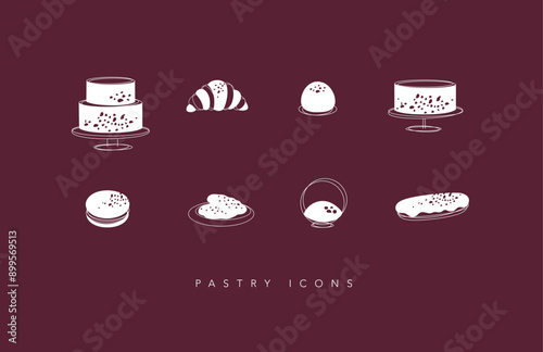 Obraz na płótnie Dessert icons cake, croissant, candy, cookie, dessert, eclair, macarons drawing on red background w salonie