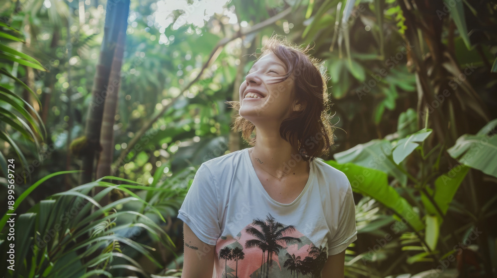A young woman stands among lush green foliage, basking in the sunlight and radiating pure joy amid a natural setting. A young woman stands among lush green foliage, basking in the sunlight and radiating pure joy amid a natural setting.