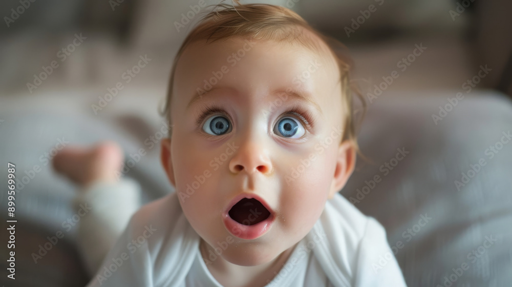 Astonished baby with wide blue eyes and mouth agape, lying on a soft surface, capturing a moment of pure wonder and amazement. Astonished baby with wide blue eyes and mouth agape, lying on a soft surface, capturing a moment of pure wonder and amazement.